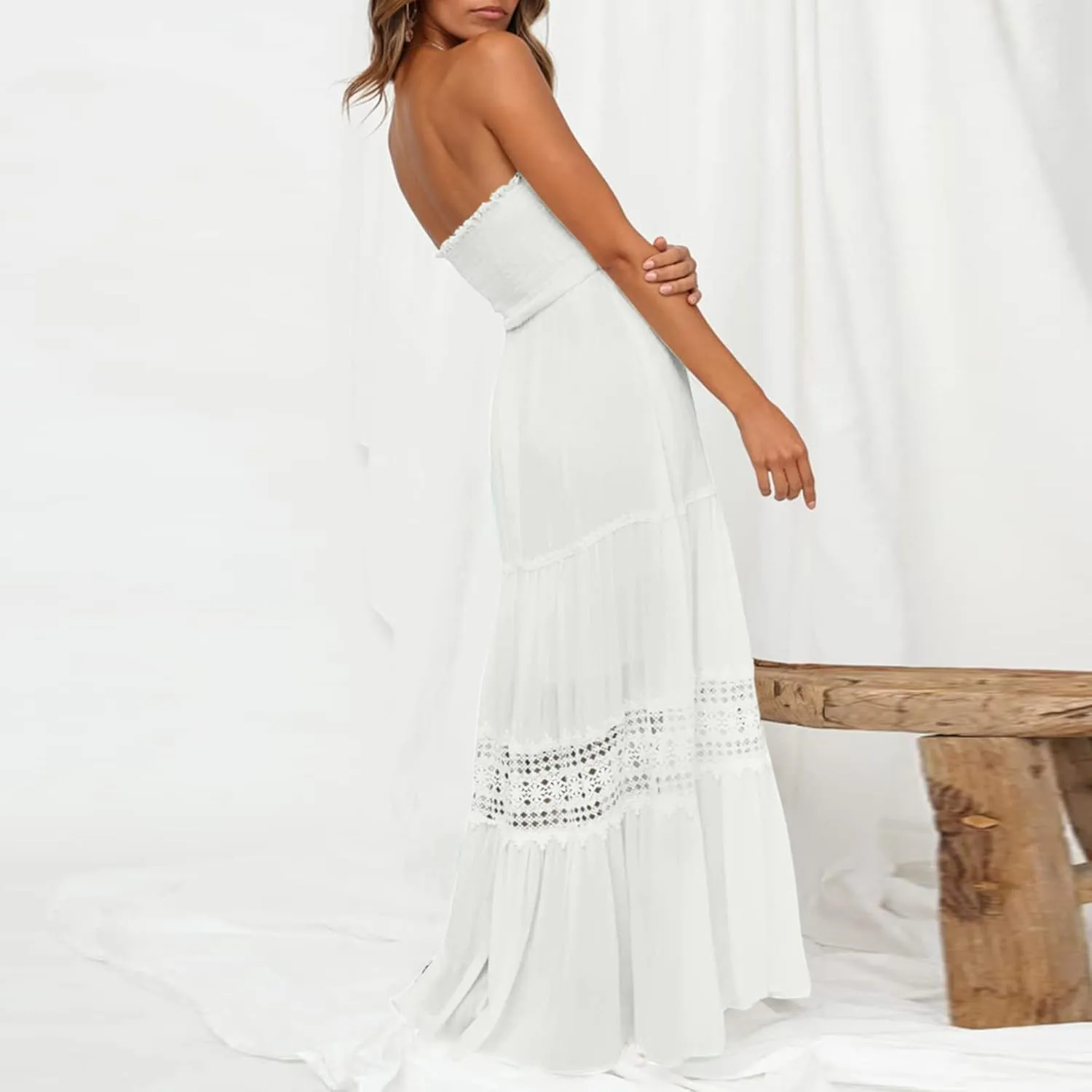 Maxi Dresses for Women Summer Bohemian Tube Strapless Sundress Off Shoulder Lace Trim Flowy A Line Beach Dress