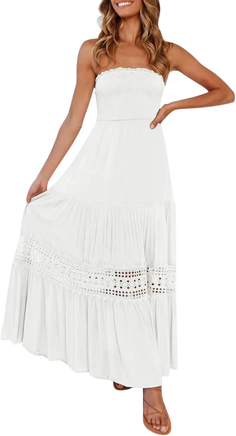 Maxi Dresses for Women Summer Bohemian Tube Strapless Sundress Off Shoulder Lace Trim Flowy A Line Beach Dress