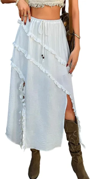 Melliflo Women's Summer Bow Tie Maxi Skirt Ruffle High Low Hem Swing Long Beach Dress Y2k Asymmetrical Tummy Control Skirt