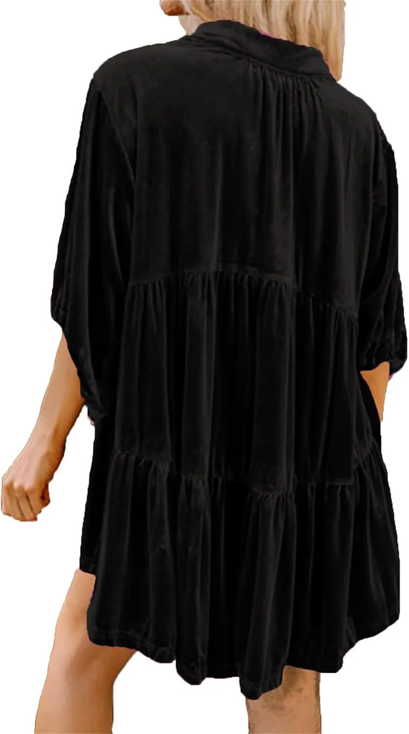Melliflo Womens Velvet Dress Button Down T Shirt 3/4 Sleeve Tunic Tops Casual Lapel Babydoll Mini Dress