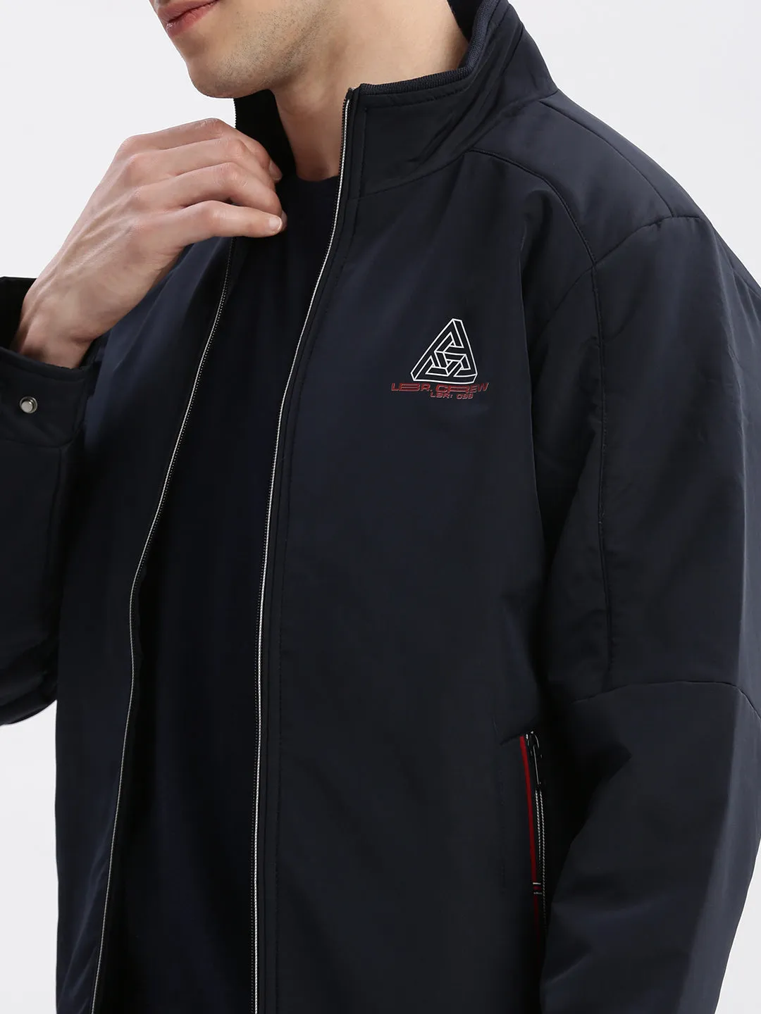 Men Navy Blue Mock Collar Long Sleeves Zip Detail Rapid-Dry Windcheater Bomber Jacket