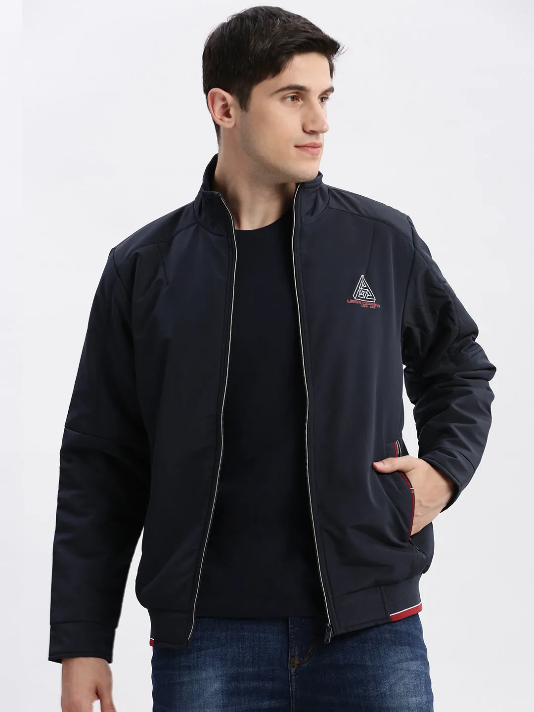 Men Navy Blue Mock Collar Long Sleeves Zip Detail Rapid-Dry Windcheater Bomber Jacket