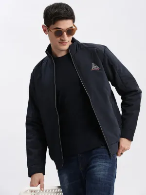 Men Navy Blue Mock Collar Long Sleeves Zip Detail Rapid-Dry Windcheater Bomber Jacket