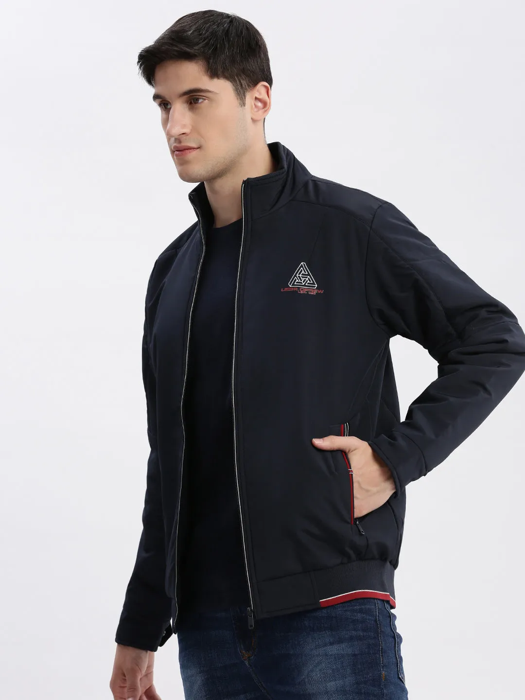 Men Navy Blue Mock Collar Long Sleeves Zip Detail Rapid-Dry Windcheater Bomber Jacket