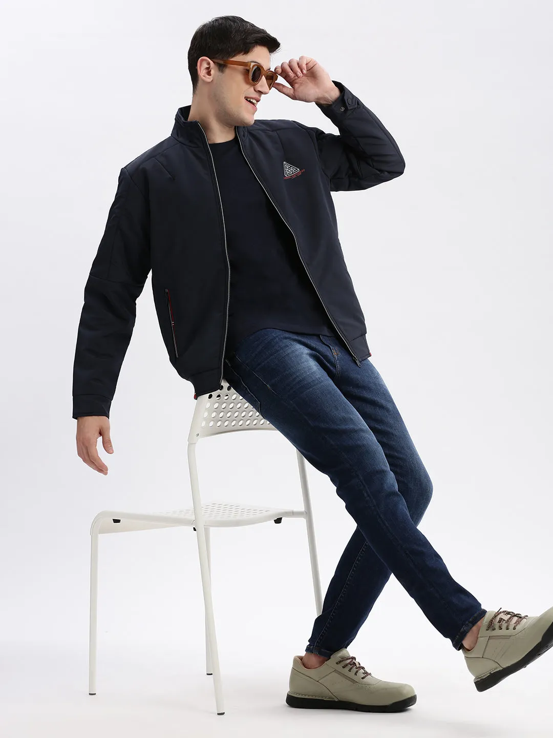 Men Navy Blue Mock Collar Long Sleeves Zip Detail Rapid-Dry Windcheater Bomber Jacket