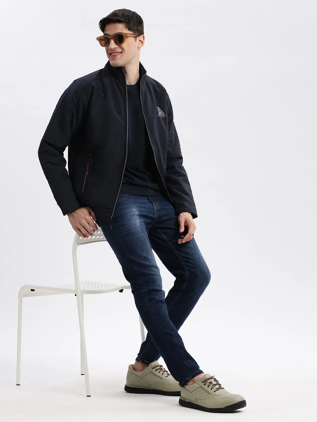 Men Navy Blue Mock Collar Long Sleeves Zip Detail Rapid-Dry Windcheater Bomber Jacket