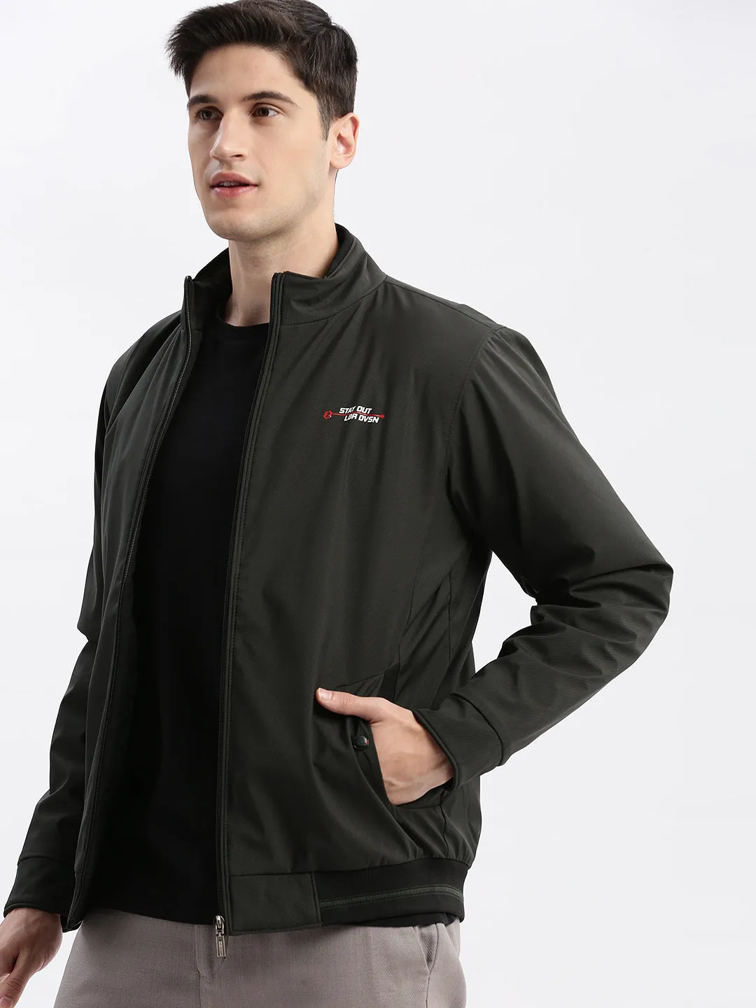 Men Olive Mock Collar Long Sleeves Zip Detail Rapid-Dry Windcheater Bomber Jacket