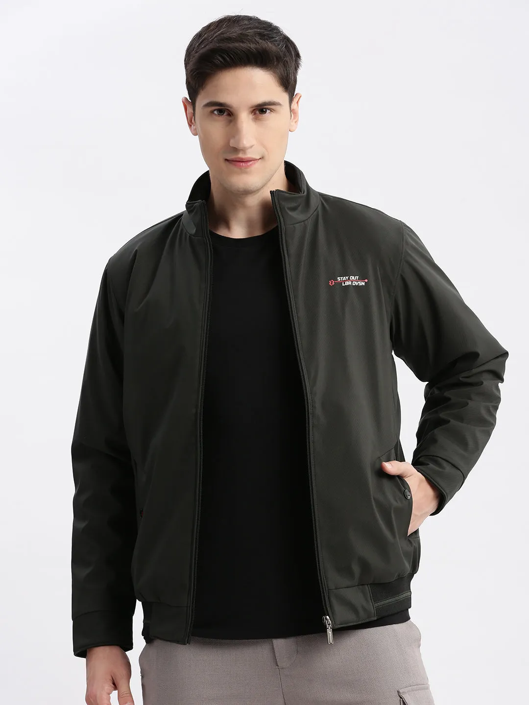 Men Olive Mock Collar Long Sleeves Zip Detail Rapid-Dry Windcheater Bomber Jacket
