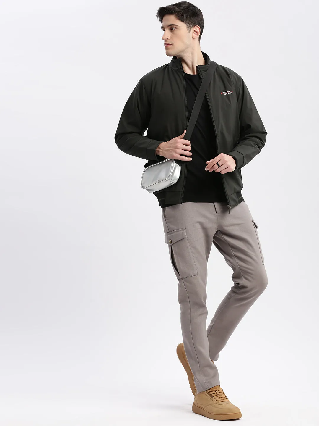 Men Olive Mock Collar Long Sleeves Zip Detail Rapid-Dry Windcheater Bomber Jacket