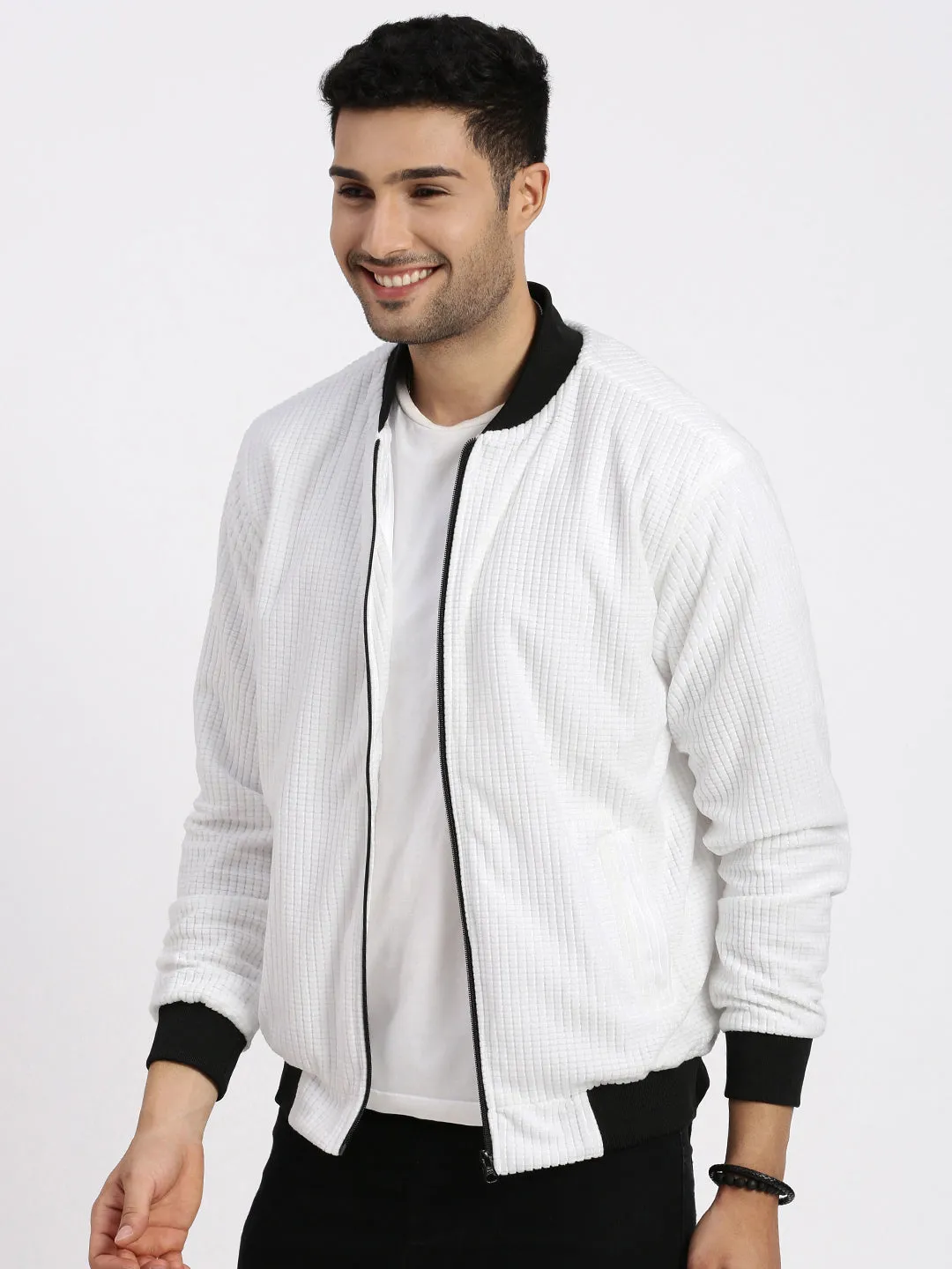 Men White Windcheater Bomber Jacket