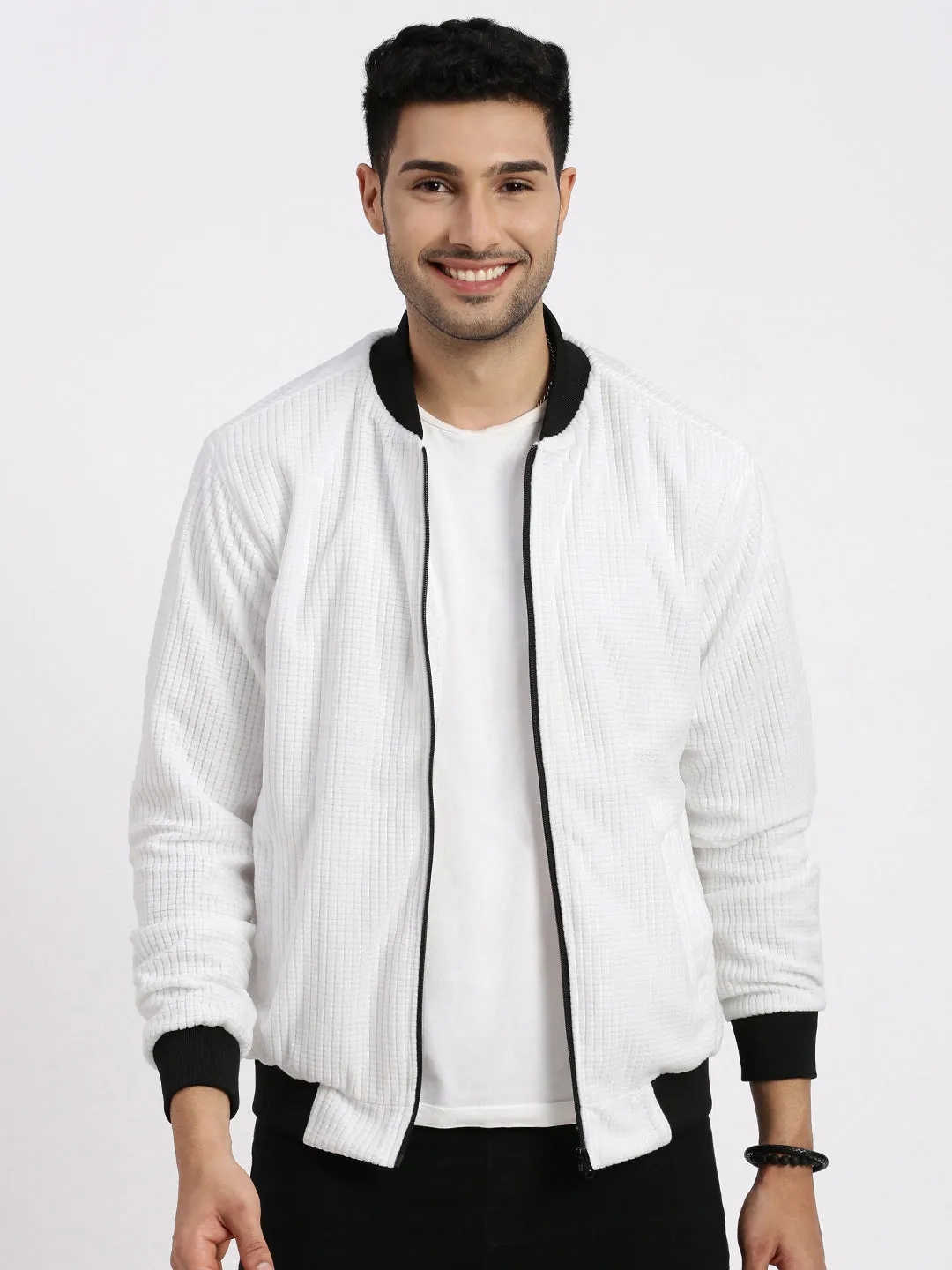 Men White Windcheater Bomber Jacket