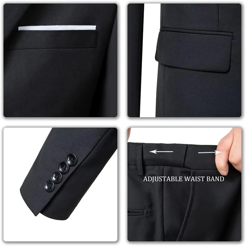 Men's 3 Piece Slim Fit Suit Set, Two Button Blazer Solid Jacket Vest Pants Wedding Business Suit