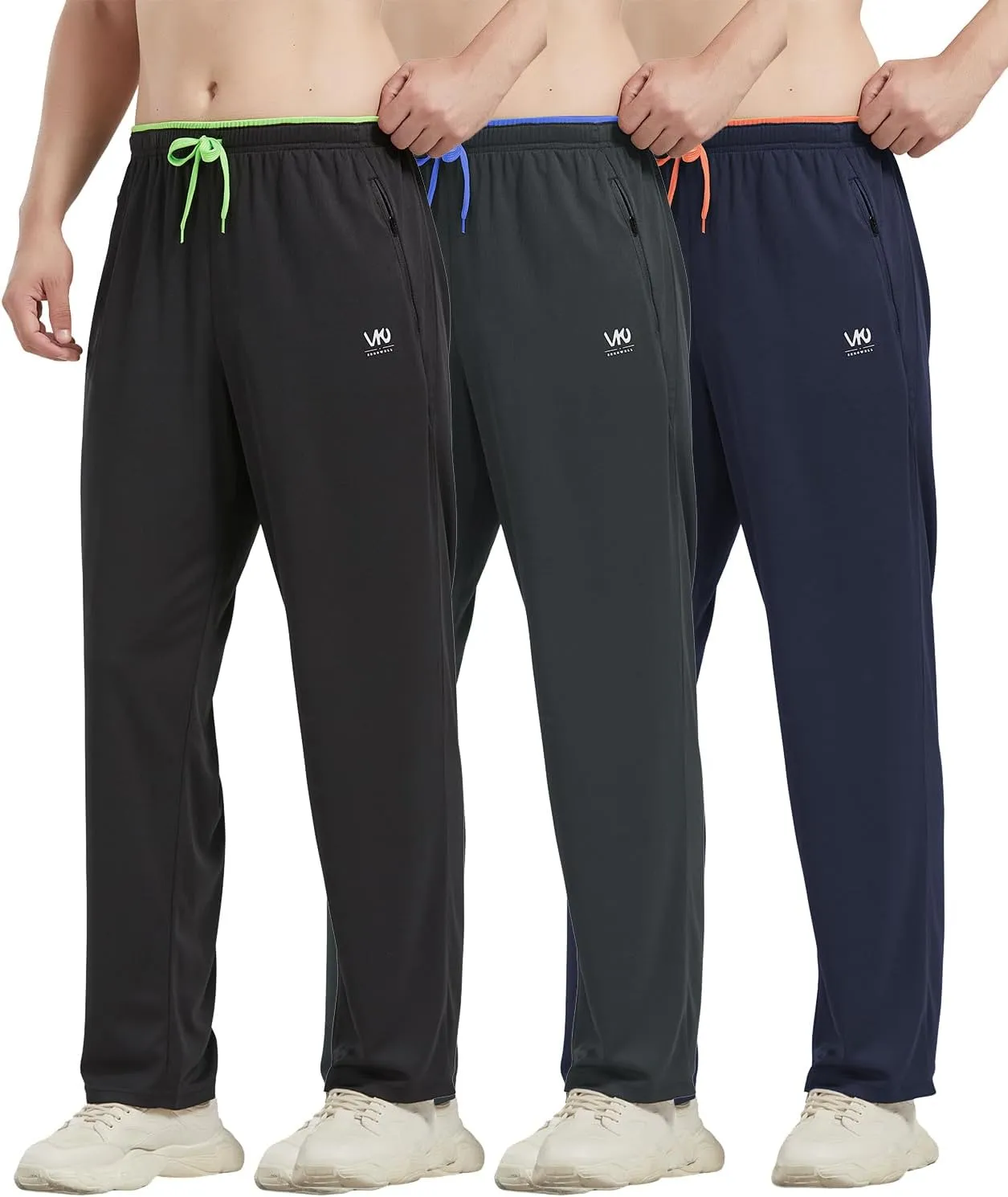 Mens Athletic Pants with Zipper Pockets Open Bottom Lightweight Sweatpants, for Workout, Running, Gym, Training