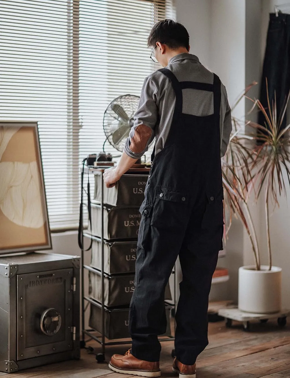Men's Bib Overalls Loose Fit Canvas Coveralls Workwear Dungarees Jumpsuit with Flap Cargo Pockets