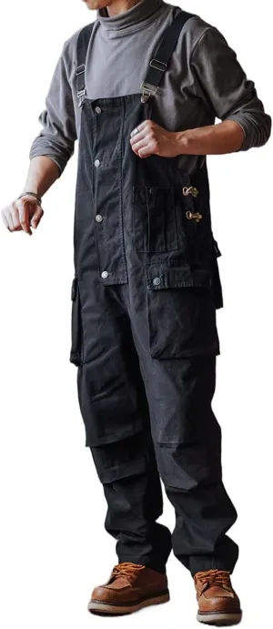 Men's Bib Overalls Loose Fit Canvas Coveralls Workwear Dungarees Jumpsuit with Flap Cargo Pockets