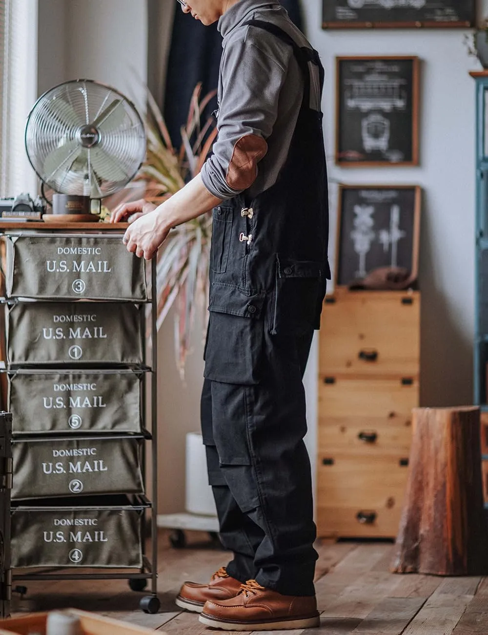 Men's Bib Overalls Loose Fit Canvas Coveralls Workwear Dungarees Jumpsuit with Flap Cargo Pockets