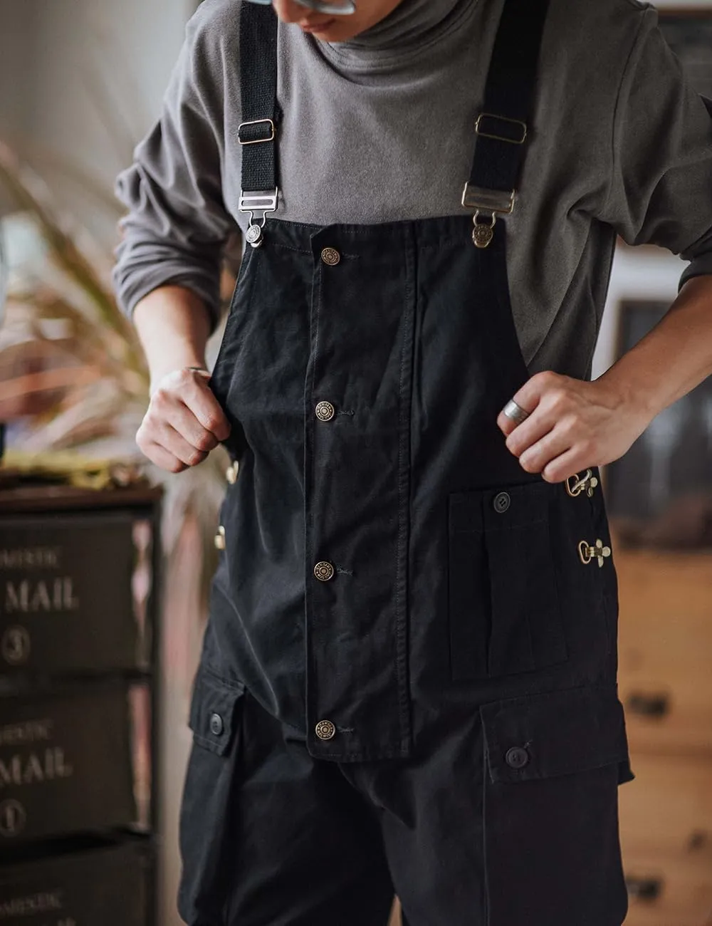 Men's Bib Overalls Loose Fit Canvas Coveralls Workwear Dungarees Jumpsuit with Flap Cargo Pockets