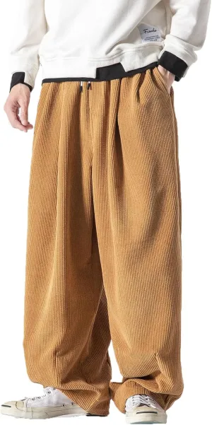 Men's Corduroy Harem Pants Drawstring Stretch Waist Loose Pants Wide Leg Baggy Tapered Trouser