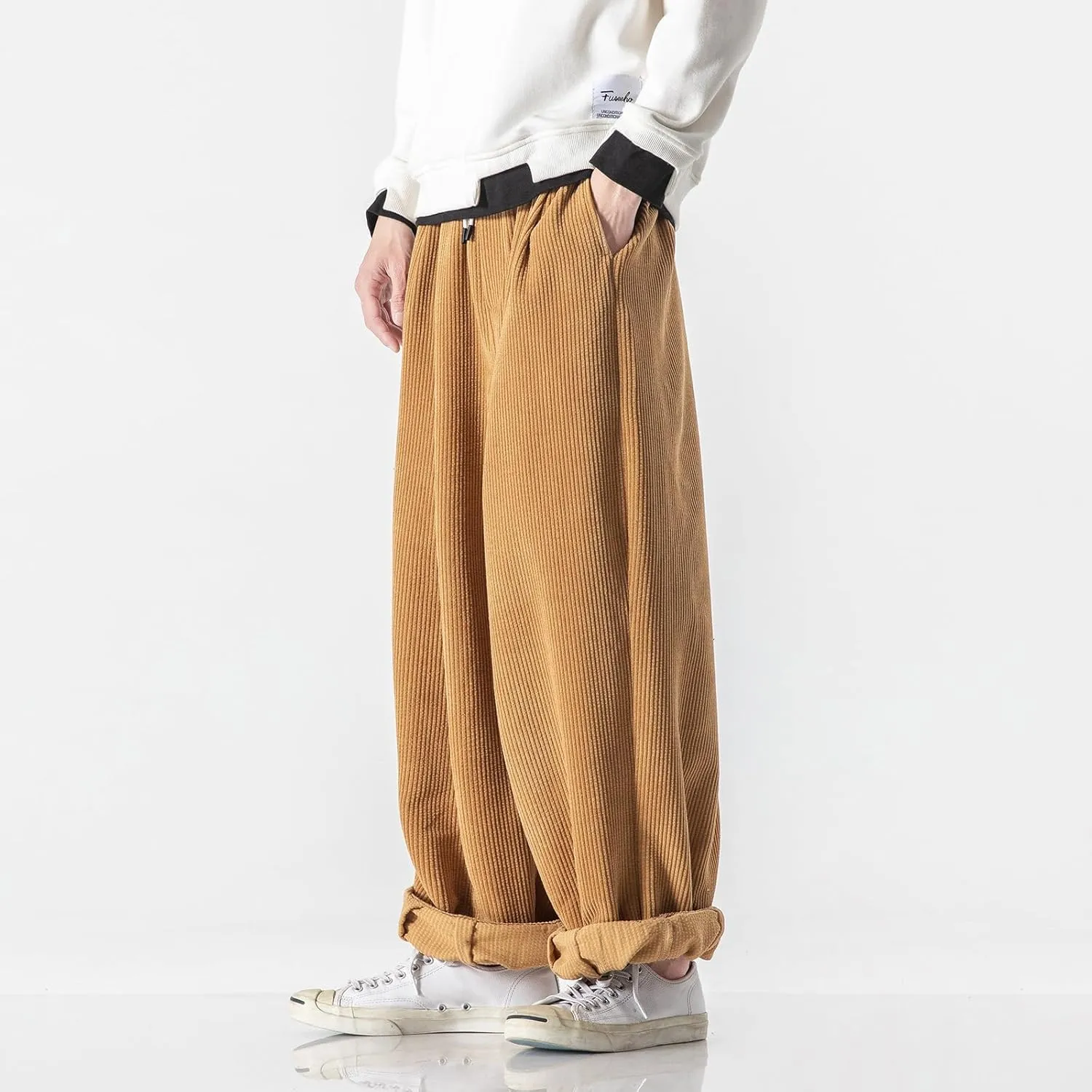 Men's Corduroy Harem Pants Drawstring Stretch Waist Loose Pants Wide Leg Baggy Tapered Trouser