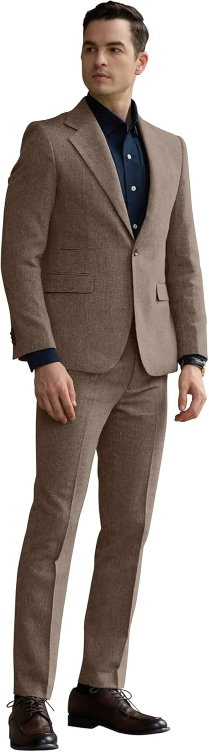 Mens Slim Fit Suit 2 Piece Tweed Suit for Men One Button Formal Wedding Prom Tuxedo Suits Jacket Pants Set