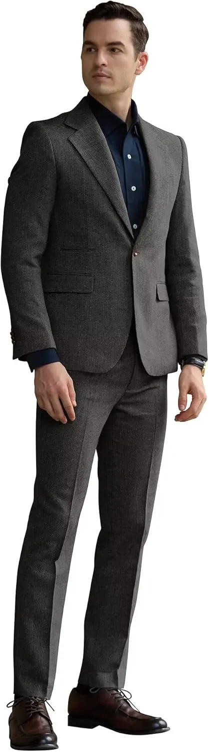 Mens Slim Fit Suit 2 Piece Tweed Suit for Men One Button Formal Wedding Prom Tuxedo Suits Jacket Pants Set