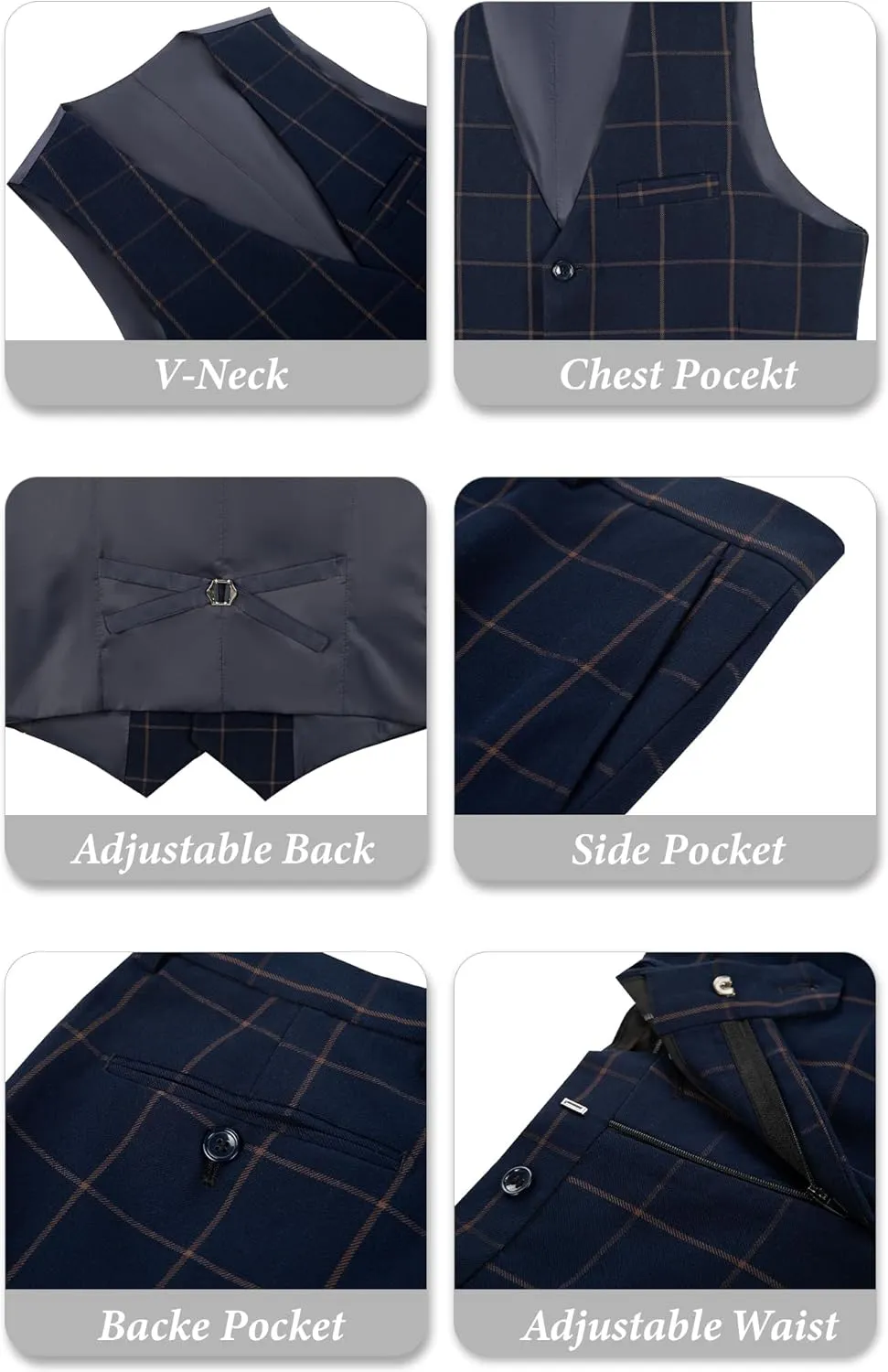 Men's Suit 3 Piece Plaid Suits for Men Two Buttons Blazer Jacket Vest Pant Suit Tuxedo Set for Wedding Business Prom