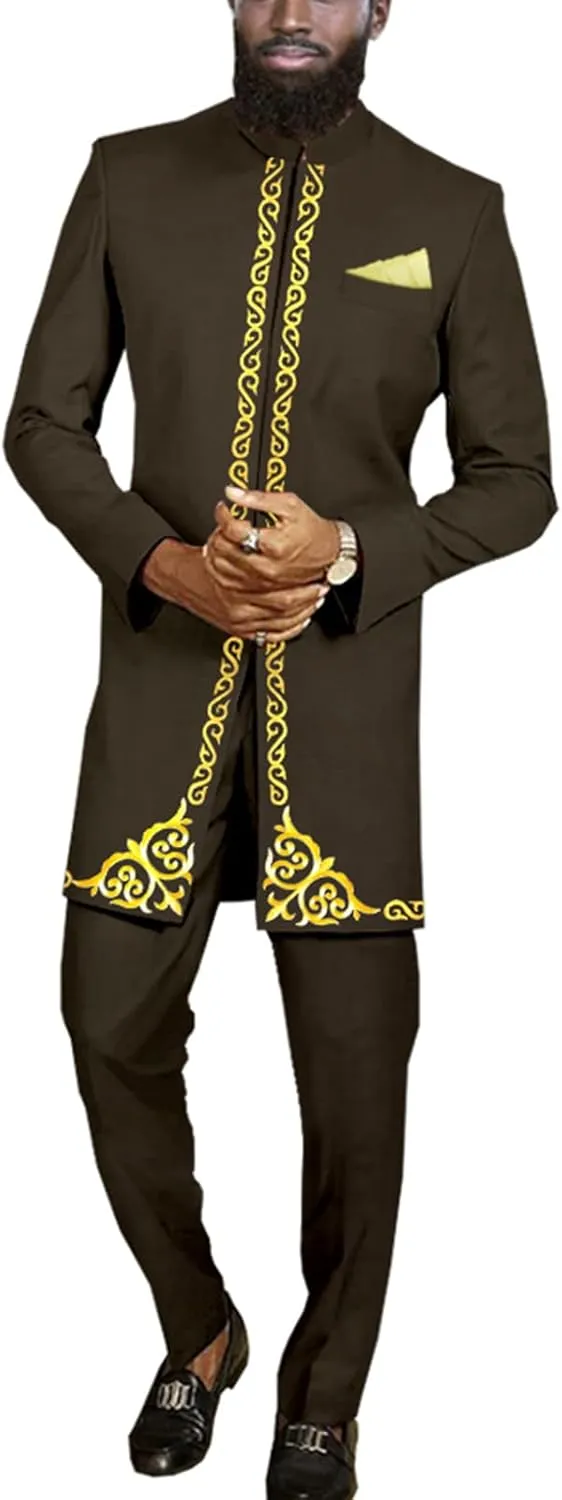 Men`s Suit African Clothes Embroidery Blazer and Pants 2 Piece Set Formal Outfits Dashiki Attire