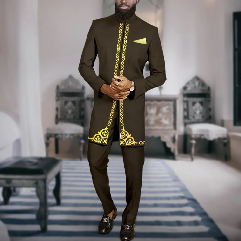 Men`s Suit African Clothes Embroidery Blazer and Pants 2 Piece Set Formal Outfits Dashiki Attire