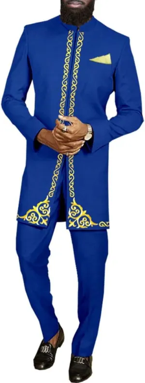 Men`s Suit African Clothes Embroidery Blazer and Pants 2 Piece Set Formal Outfits Dashiki Attire