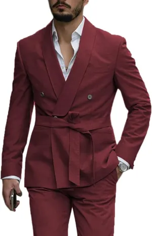 Mens Suits 2 PCS Slim Fit Shawl Lapel Solid Double Breasted Tuxedo w/Belt for Work Wedding Party