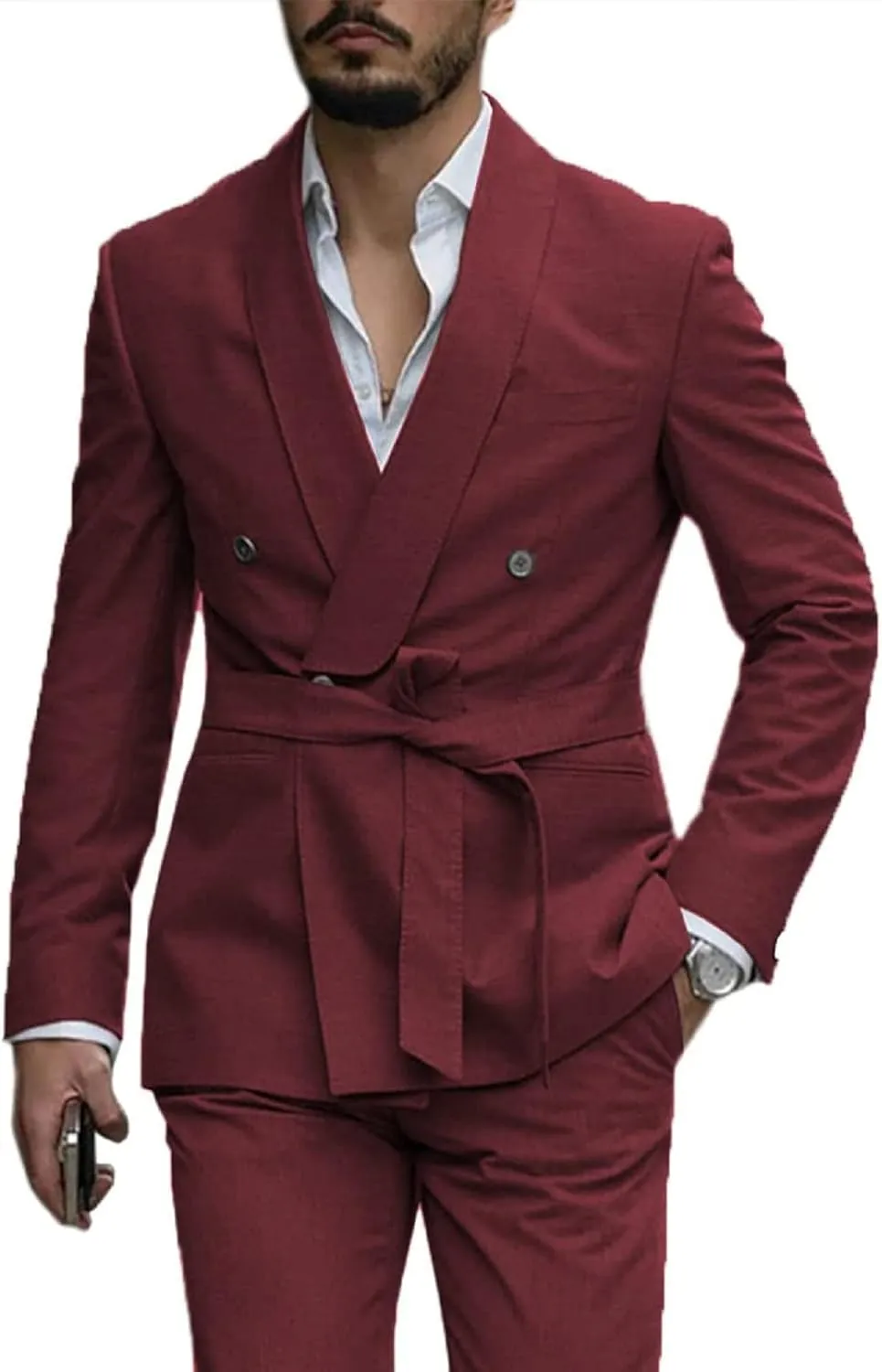 Mens Suits 2 PCS Slim Fit Shawl Lapel Solid Double Breasted Tuxedo w/Belt for Work Wedding Party