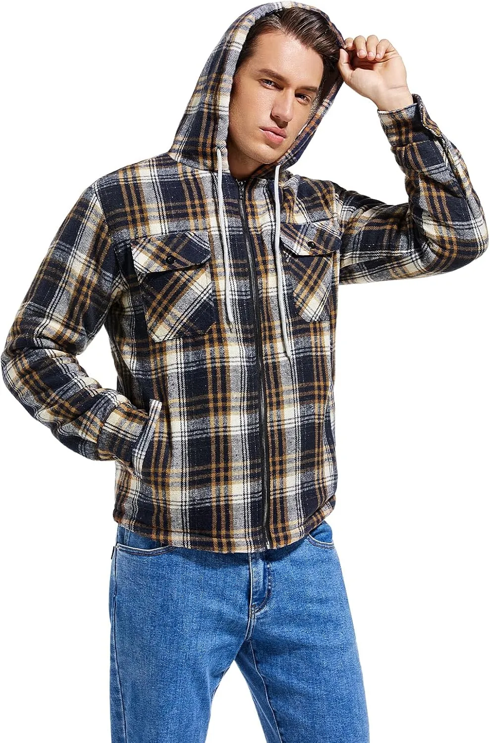 Men's Zip Up Flannel Shirt Jacket Fleece Lined Long Sleeve Plaid Coat Heavyweight Hoodie with Hood