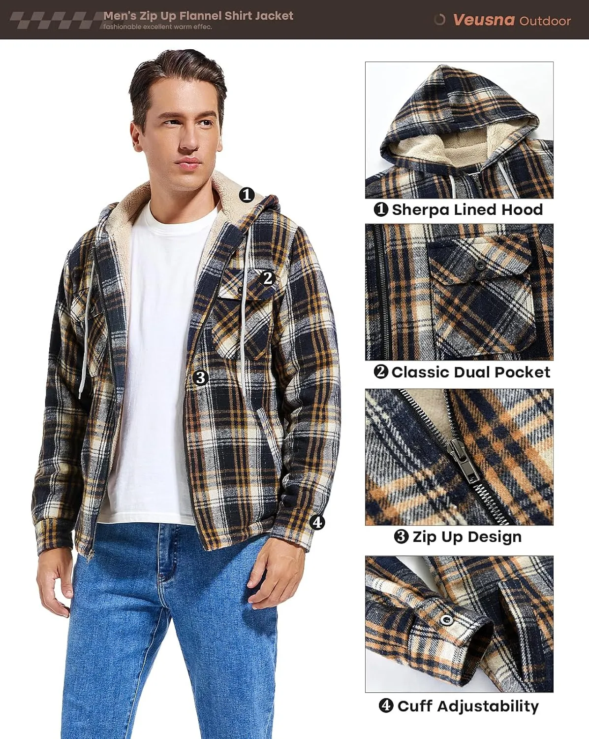 Men's Zip Up Flannel Shirt Jacket Fleece Lined Long Sleeve Plaid Coat Heavyweight Hoodie with Hood