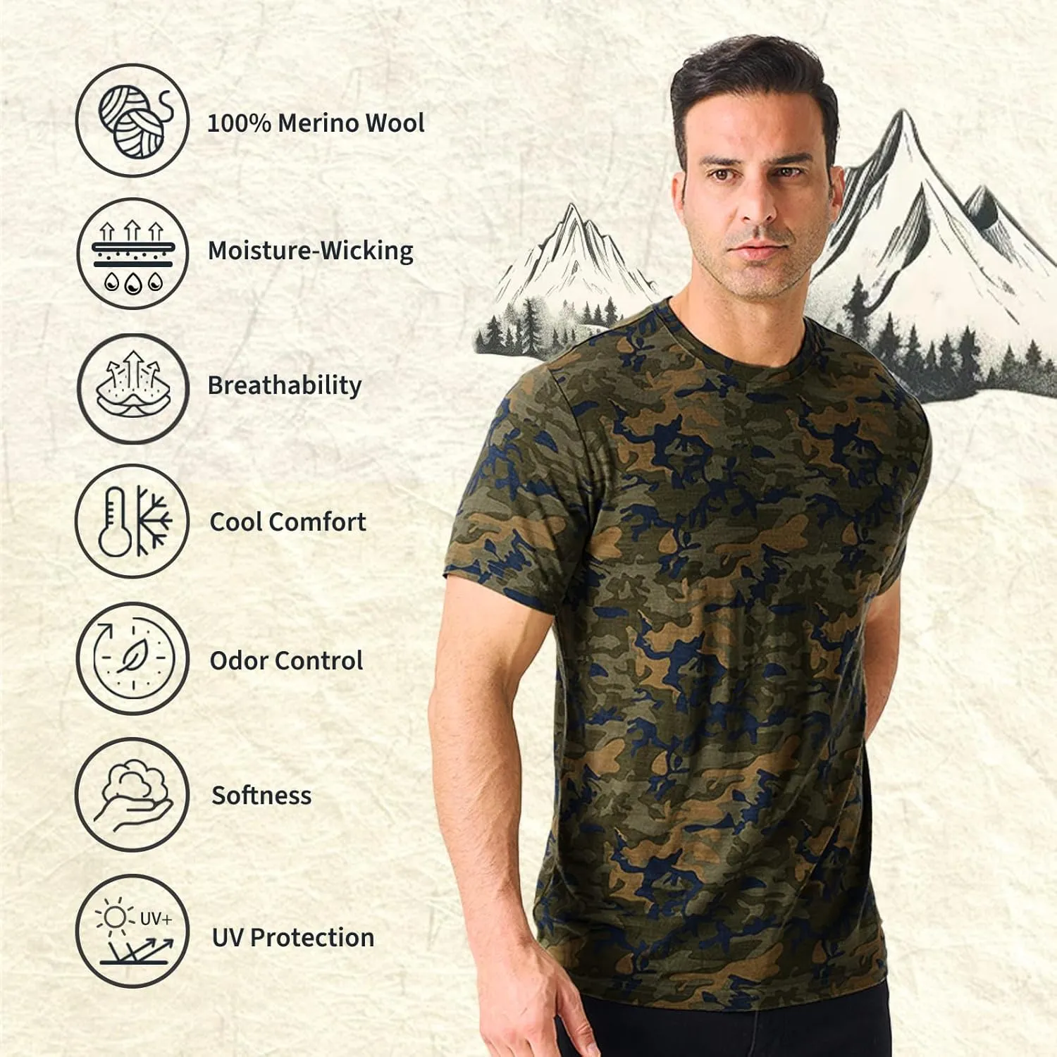 Merino Protect 100% Merino Wool T-Shirt for Men Short Sleeve Slim Fit Undershirt Soft Lightweight Tee Shirt for Travel Hiking