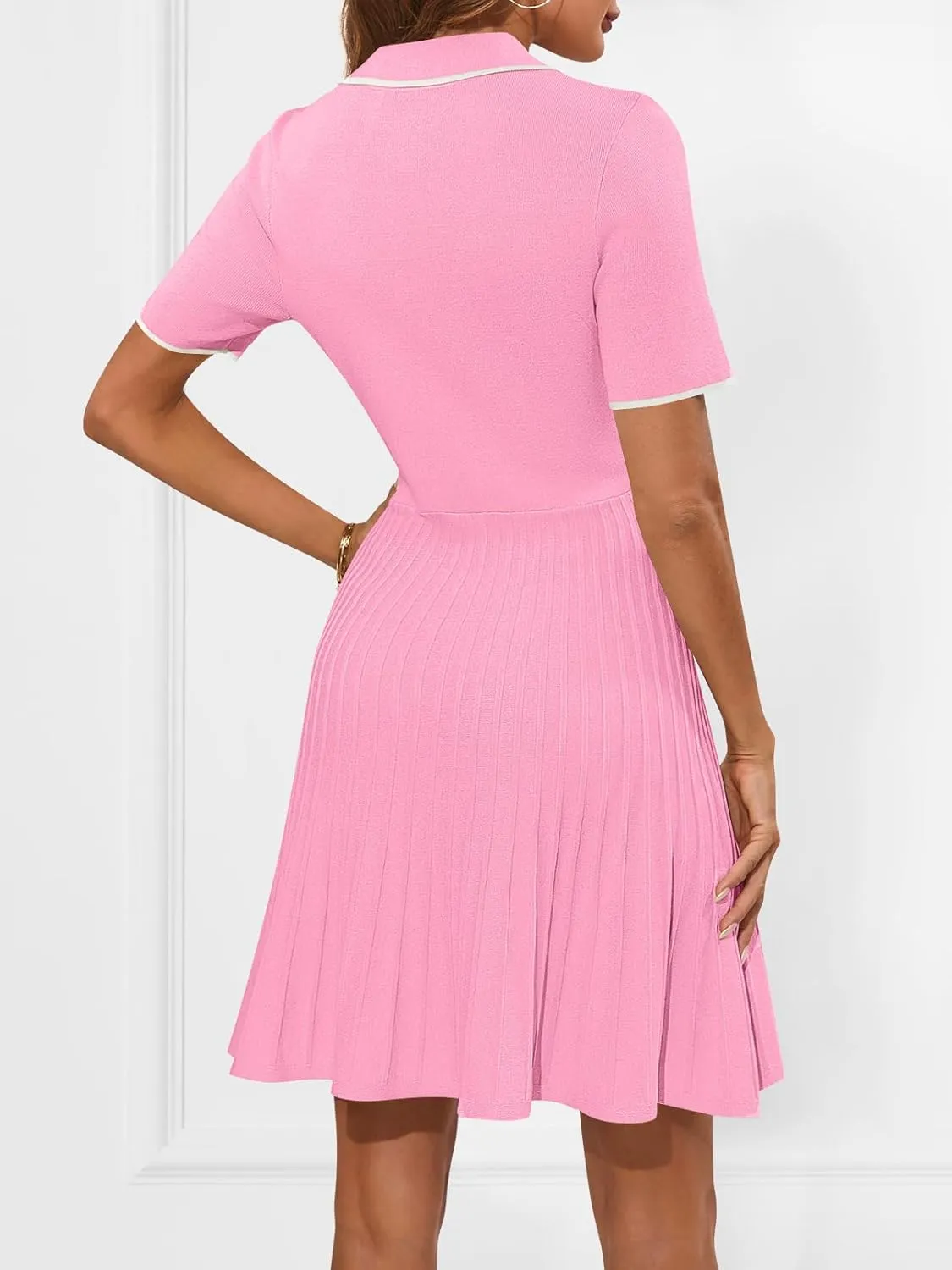 MEROKEETY Women's Summer Ribbed Knit Midi Dresses Short Sleeve V Neck Button A Line Swing Sweater Dress