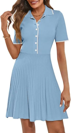 MEROKEETY Women's Summer Ribbed Knit Midi Dresses Short Sleeve V Neck Button A Line Swing Sweater Dress