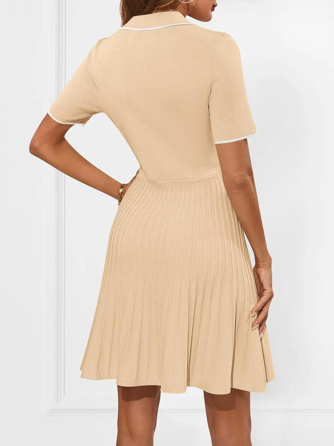 MEROKEETY Women's Summer Ribbed Knit Midi Dresses Short Sleeve V Neck Button A Line Swing Sweater Dress
