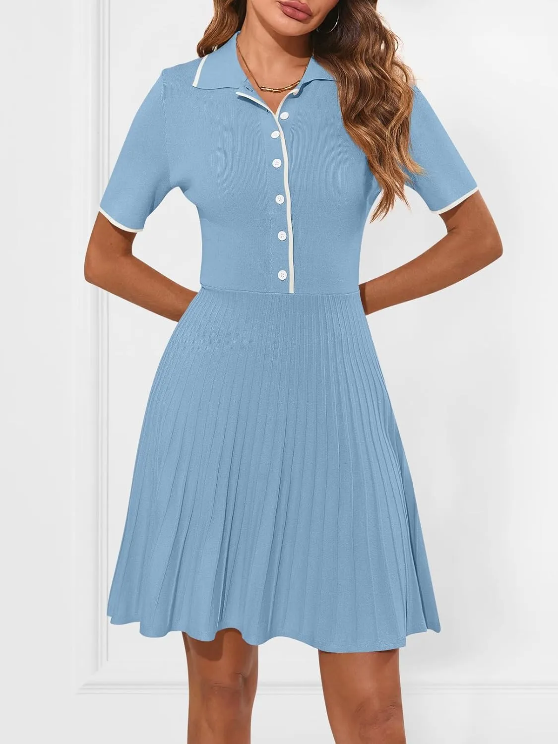 MEROKEETY Women's Summer Ribbed Knit Midi Dresses Short Sleeve V Neck Button A Line Swing Sweater Dress
