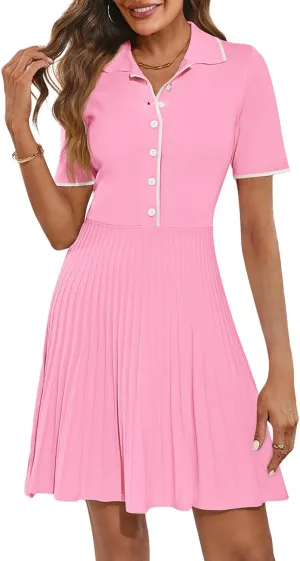 MEROKEETY Women's Summer Ribbed Knit Midi Dresses Short Sleeve V Neck Button A Line Swing Sweater Dress