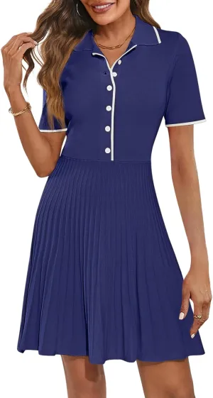 MEROKEETY Women's Summer Ribbed Knit Midi Dresses Short Sleeve V Neck Button A Line Swing Sweater Dress