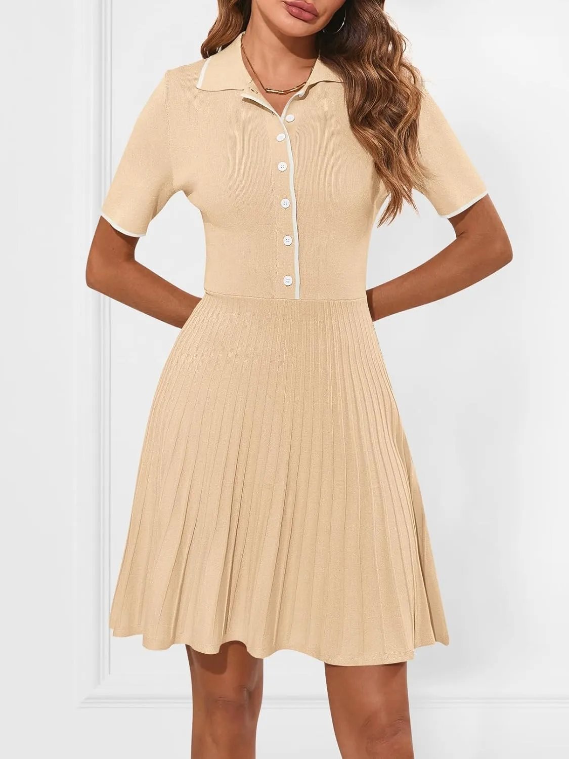 MEROKEETY Women's Summer Ribbed Knit Midi Dresses Short Sleeve V Neck Button A Line Swing Sweater Dress