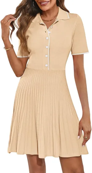 MEROKEETY Women's Summer Ribbed Knit Midi Dresses Short Sleeve V Neck Button A Line Swing Sweater Dress