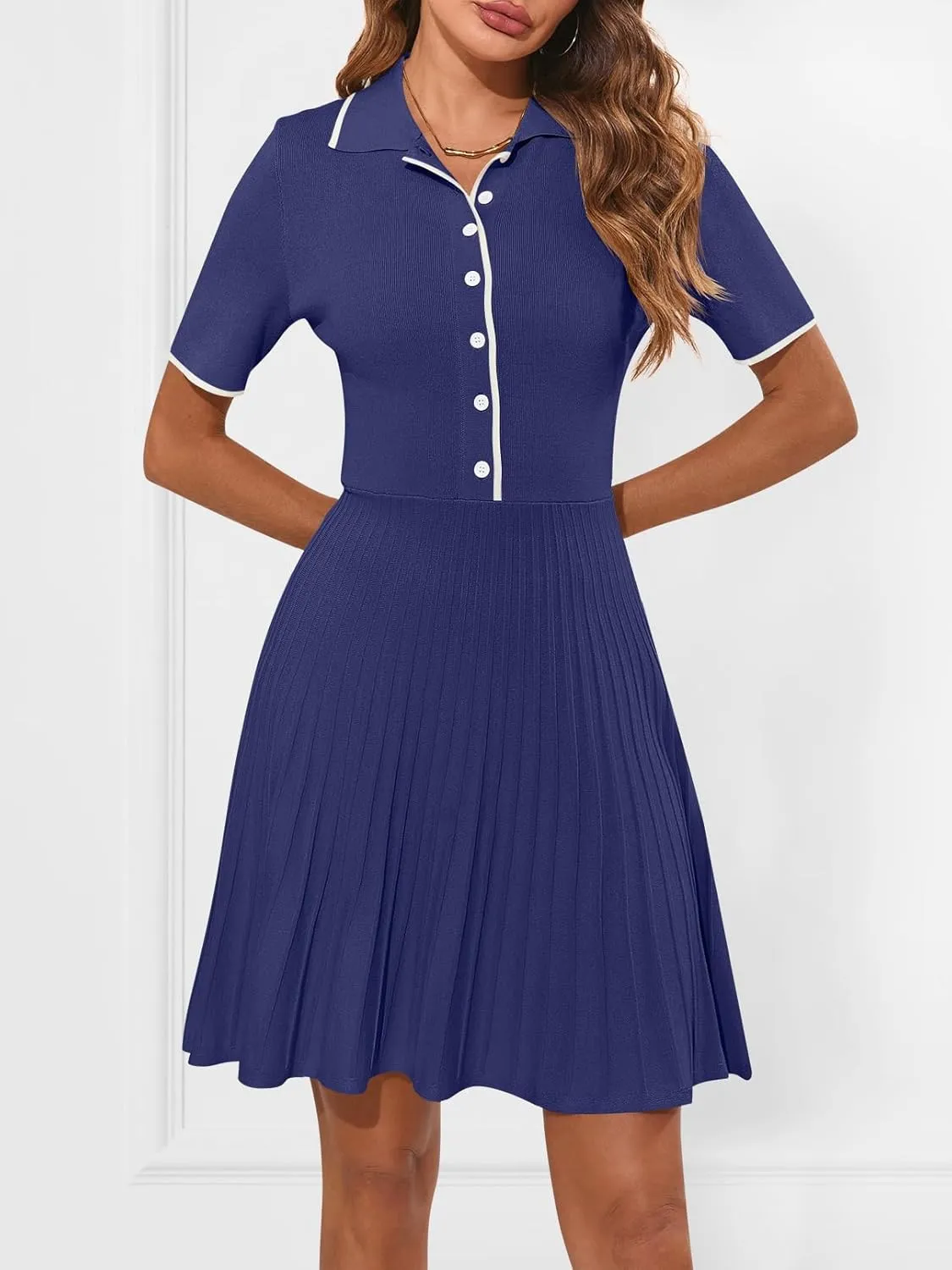 MEROKEETY Women's Summer Ribbed Knit Midi Dresses Short Sleeve V Neck Button A Line Swing Sweater Dress