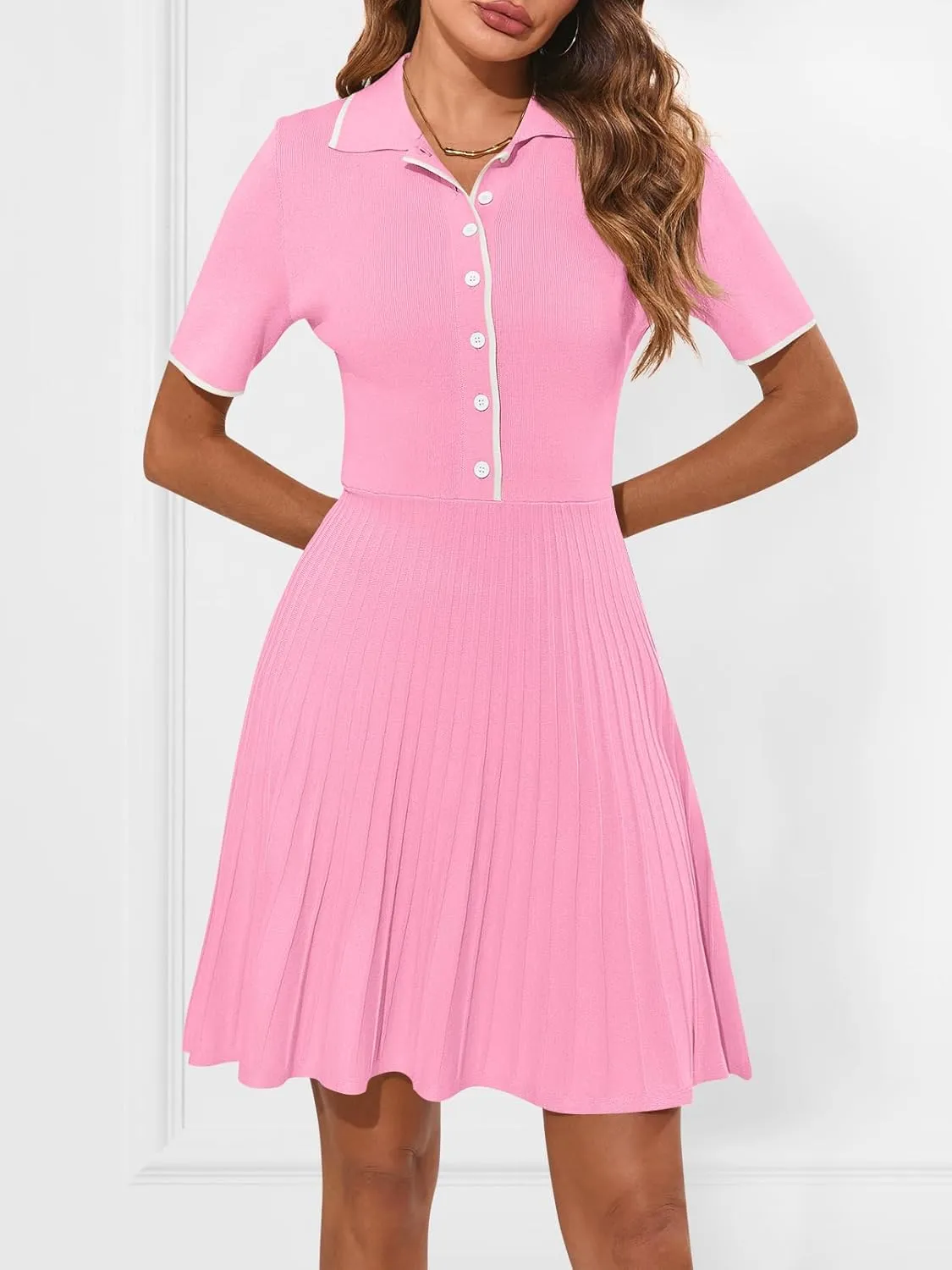 MEROKEETY Women's Summer Ribbed Knit Midi Dresses Short Sleeve V Neck Button A Line Swing Sweater Dress