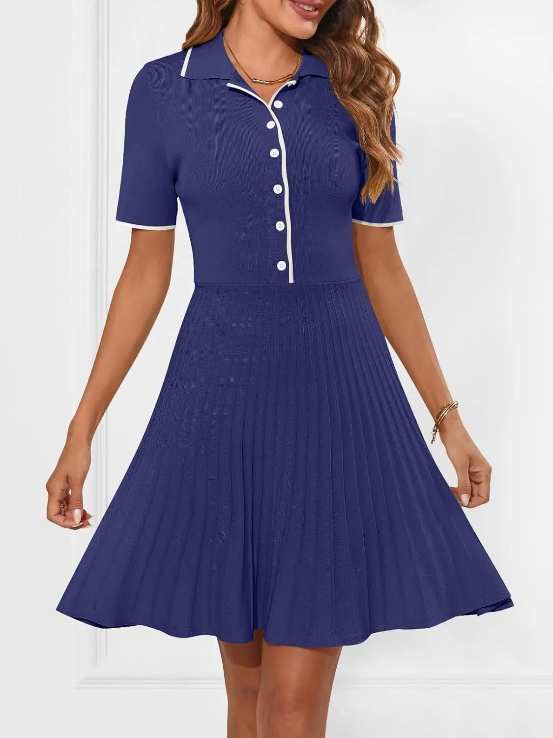 MEROKEETY Women's Summer Ribbed Knit Midi Dresses Short Sleeve V Neck Button A Line Swing Sweater Dress