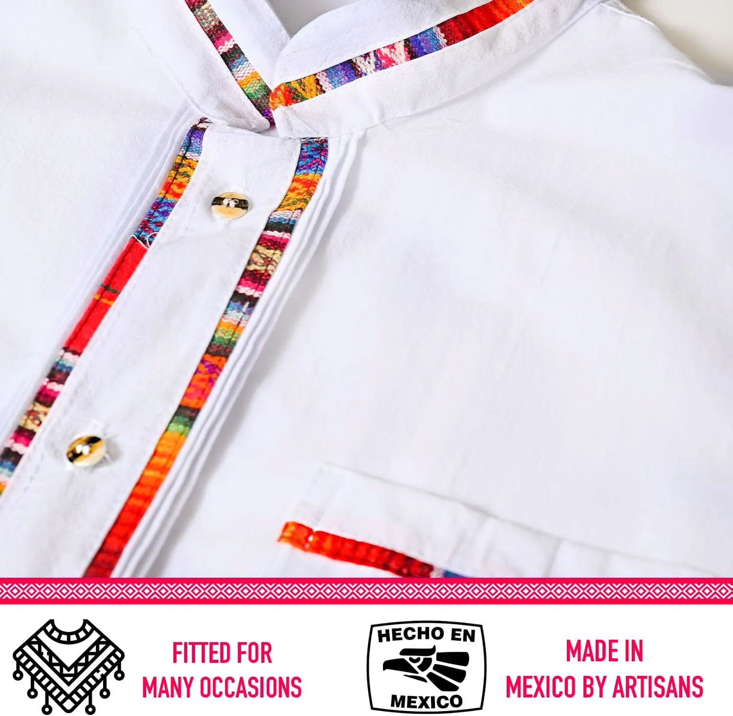 Mexican Guayabera Short Sleeve Shirt for Men Traditional Style Colorful Embroidery Mexican Shirt. Made in Mexico. 100% Cotton