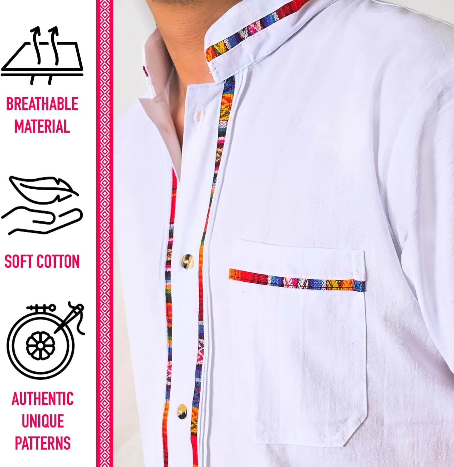 Mexican Guayabera Short Sleeve Shirt for Men Traditional Style Colorful Embroidery Mexican Shirt. Made in Mexico. 100% Cotton