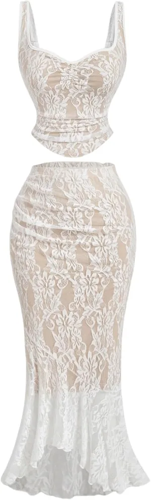 Milumia Women's 2 Piece Outfit Floral Lace Tank Top and Fishtail Bodycon Skirt Set
