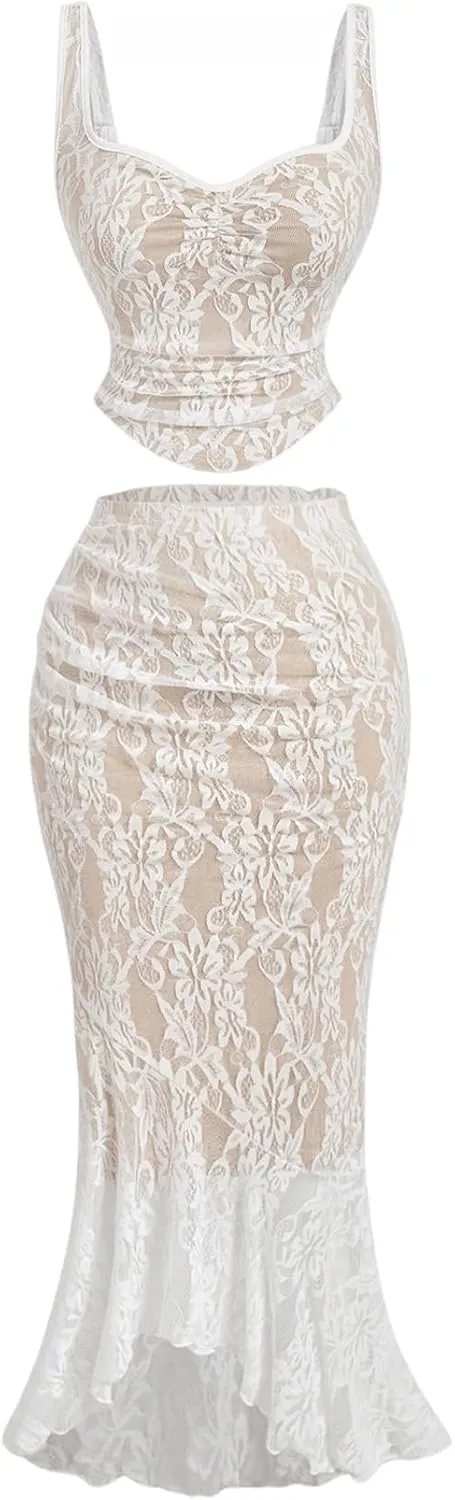 Milumia Women's 2 Piece Outfit Floral Lace Tank Top and Fishtail Bodycon Skirt Set