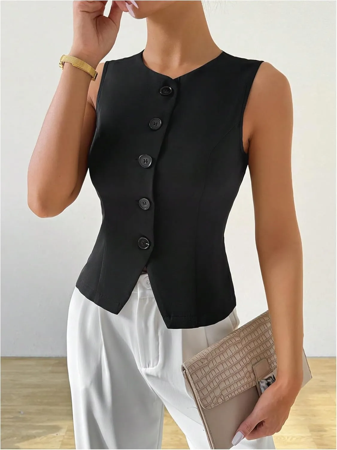 Milumia Women's Button Front Crew Neck Casual Business Sleeveless Blazer Vest